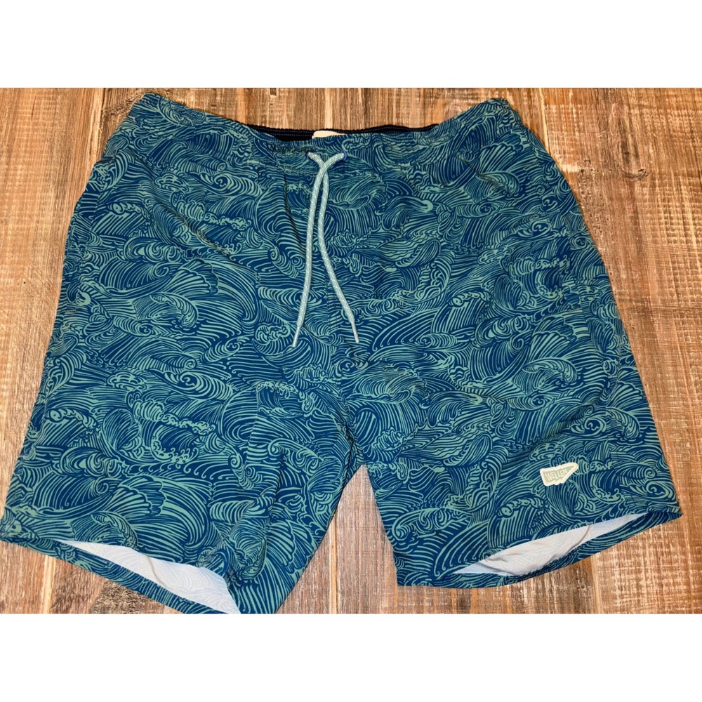 Wellen Mens Board Shorts Teal Blue Great Wave Print Swim Trunks Size Medium